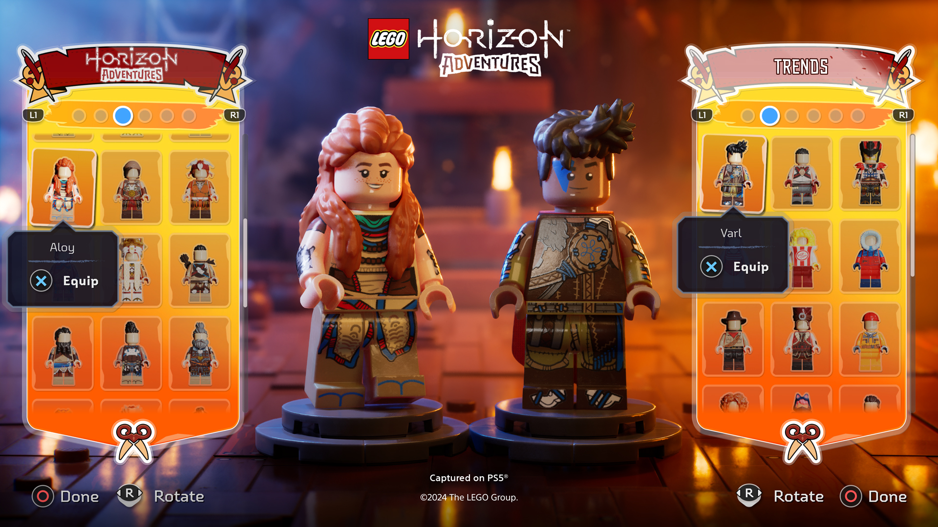 lego horizon adventure release date window - two lego characters stand on platforms with options appearing either side