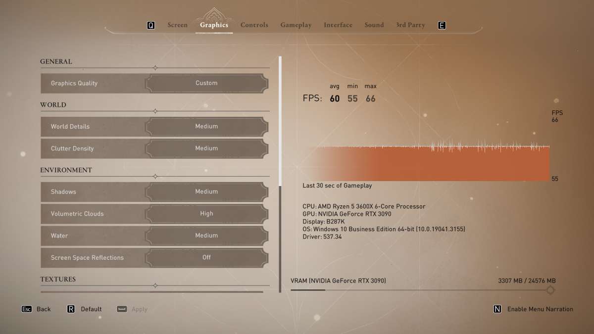 A screenshot of the graphics settings menu in Assassin's Creed Mirage.