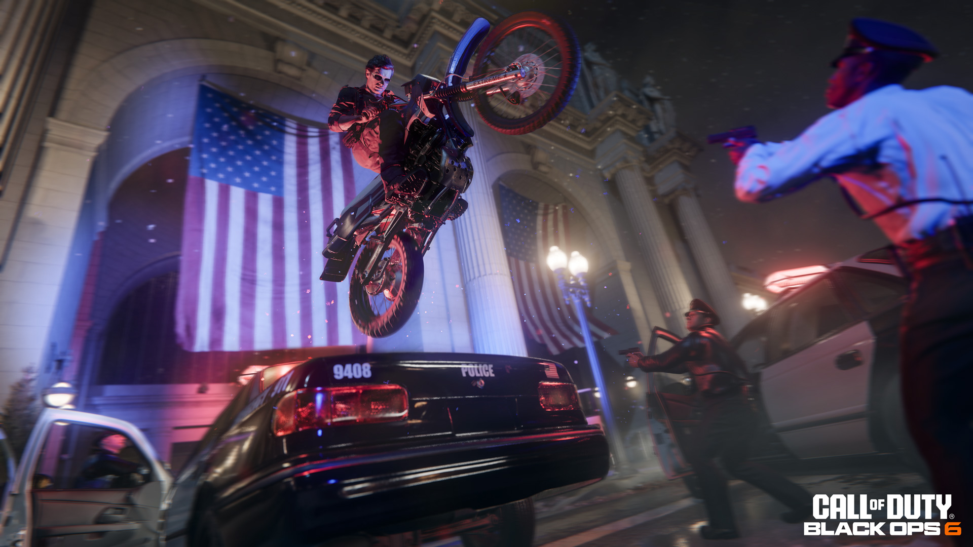 black ops 6 release date - someone rides a motorcycle over officers with an american flag in the background