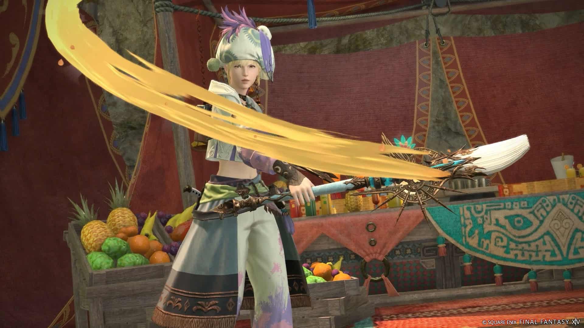 A character in vibrant attire wields a long weapon with a yellow, swooshing effect. They stand in front of a market stall filled with various fruits and colorful fabrics, reminiscent of the lively aesthetics seen in Final Fantasy 14 Dawntrail's early access release.