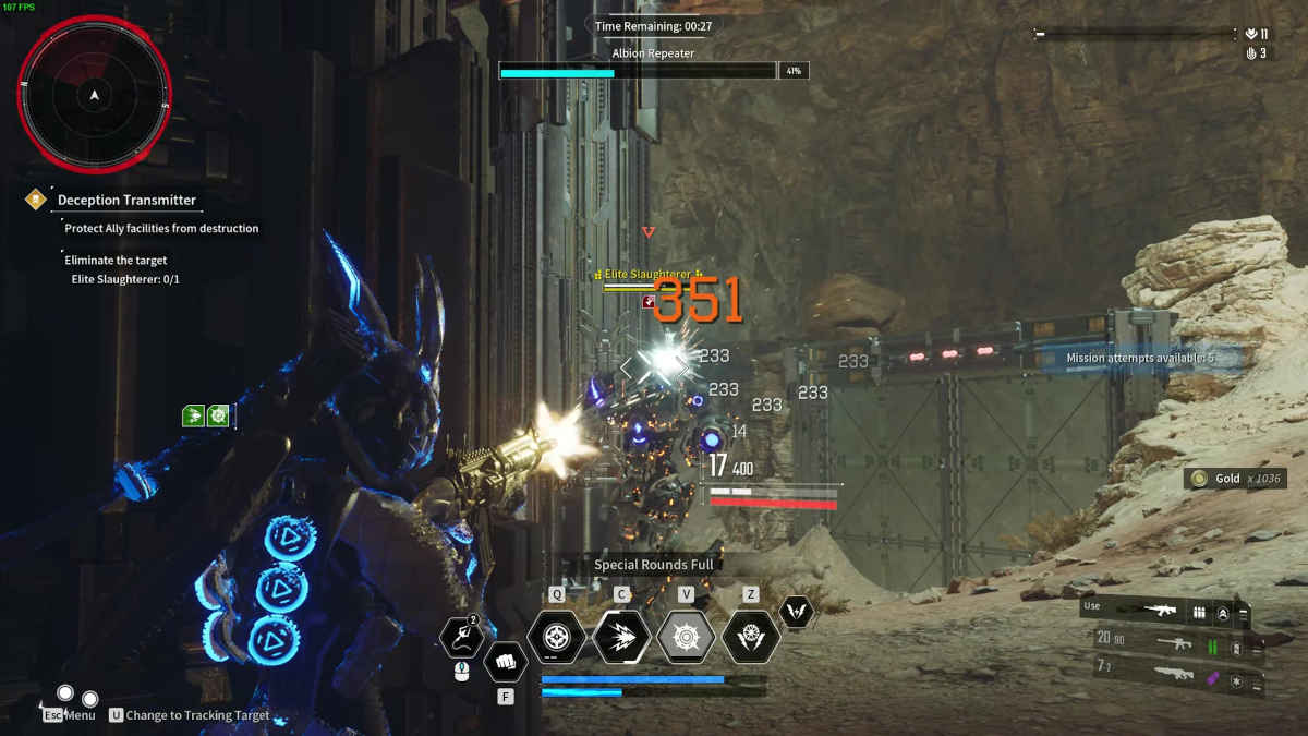 Picture of the Bunny firing an assault rifle at an enemy robot in the First Descendant.