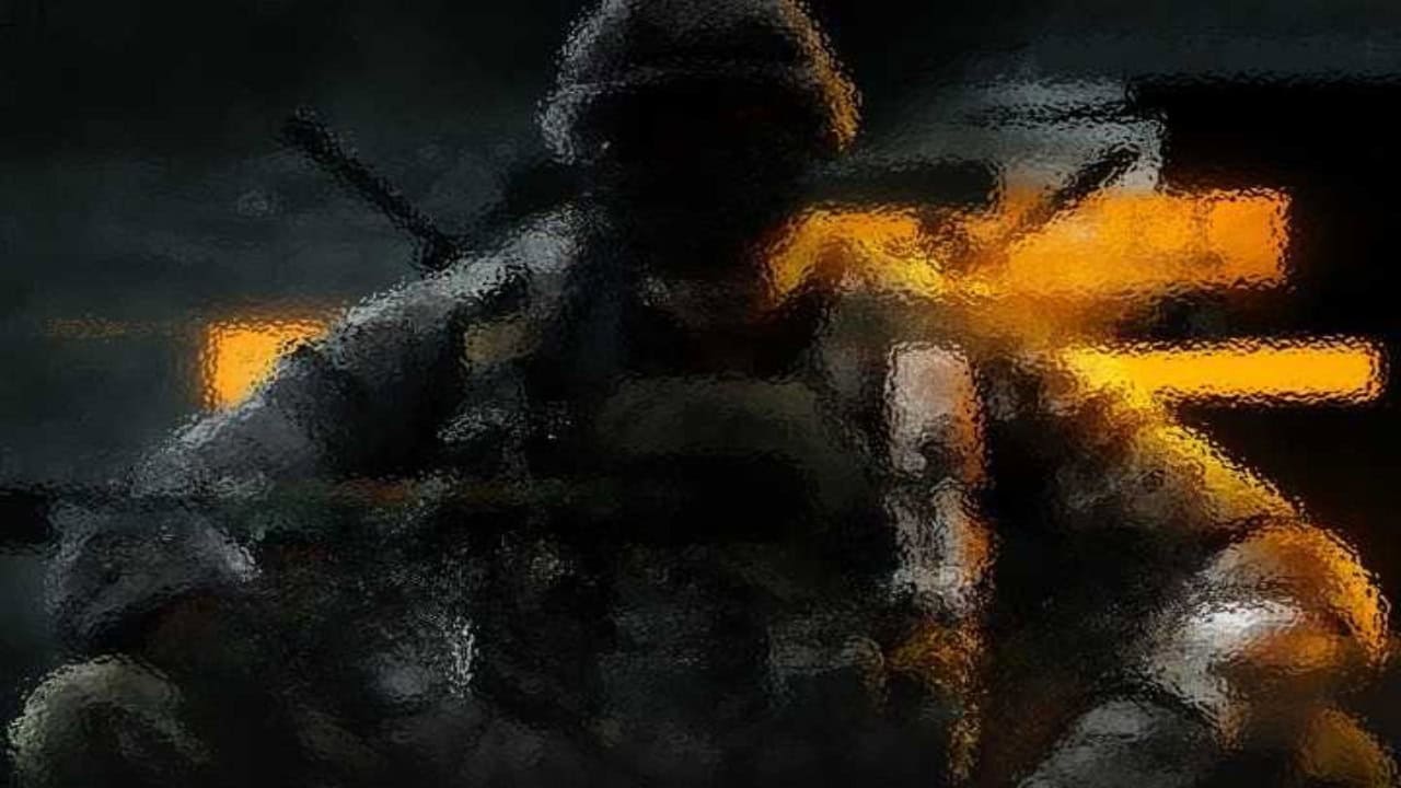 A soldier in tactical gear sits against an abstract, blurred background with orange and yellow highlights, reminiscent of artwork leaks for Black Ops 6.