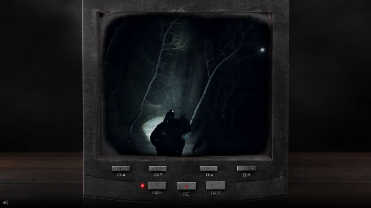 A person, possibly holding a flashlight, is depicted on an old CRT monitor screen walking through a dark, forested area at night, reminiscent of a covert mission straight out of Black Ops 6.