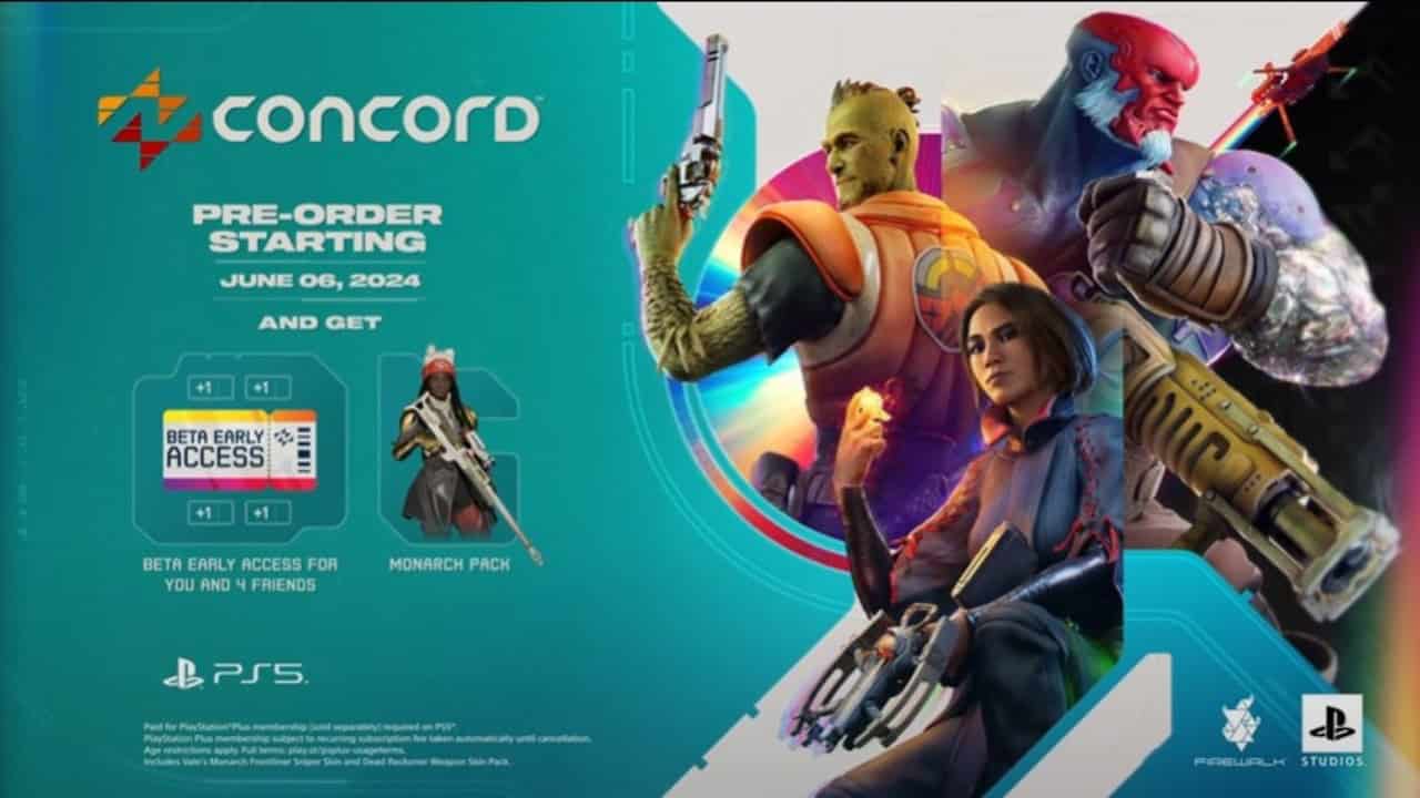 Promotional poster for the game "Concord" featuring four characters with weapons, detailing pre-order information starting June 6, 2024. Secure your copy for exclusive "Beta Early Access" for you and three friends, along with the coveted Concord Monarch Pack.