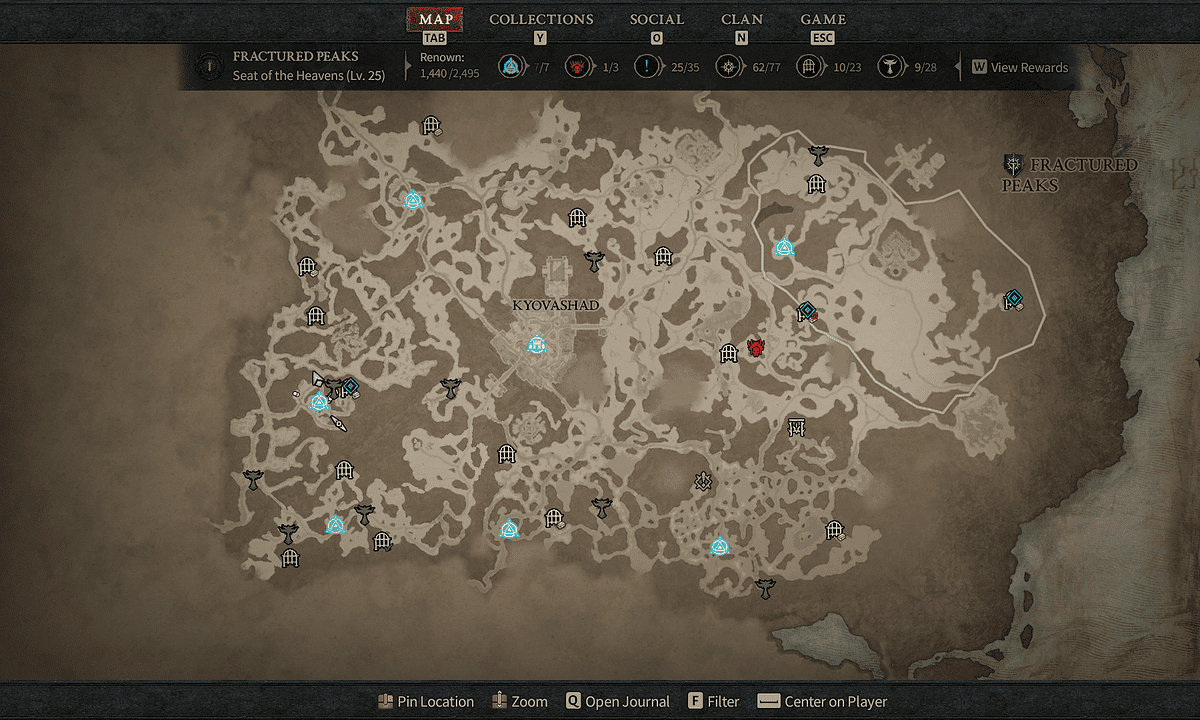 All Fractured Peaks Waypoint locations in Diablo 4: A map highlighting all the Waypoints in Fractured Peaks.