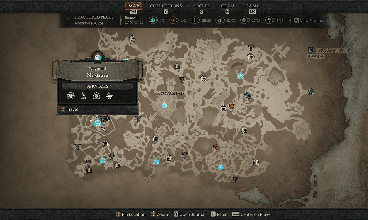 All Fractured Peaks Waypoint locations in Diablo 4: Nostrava location on map.