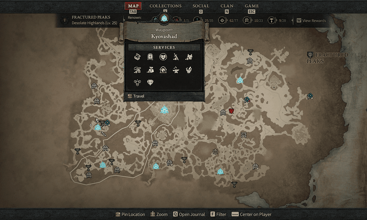 All Fractured Peaks Waypoint locations in Diablo 4: Kyovashad waypoint on the map in Diablo 4.