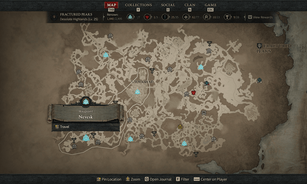 All Fractured Peaks Waypoint locations in Diablo 4: Nevesk waypoint on map.