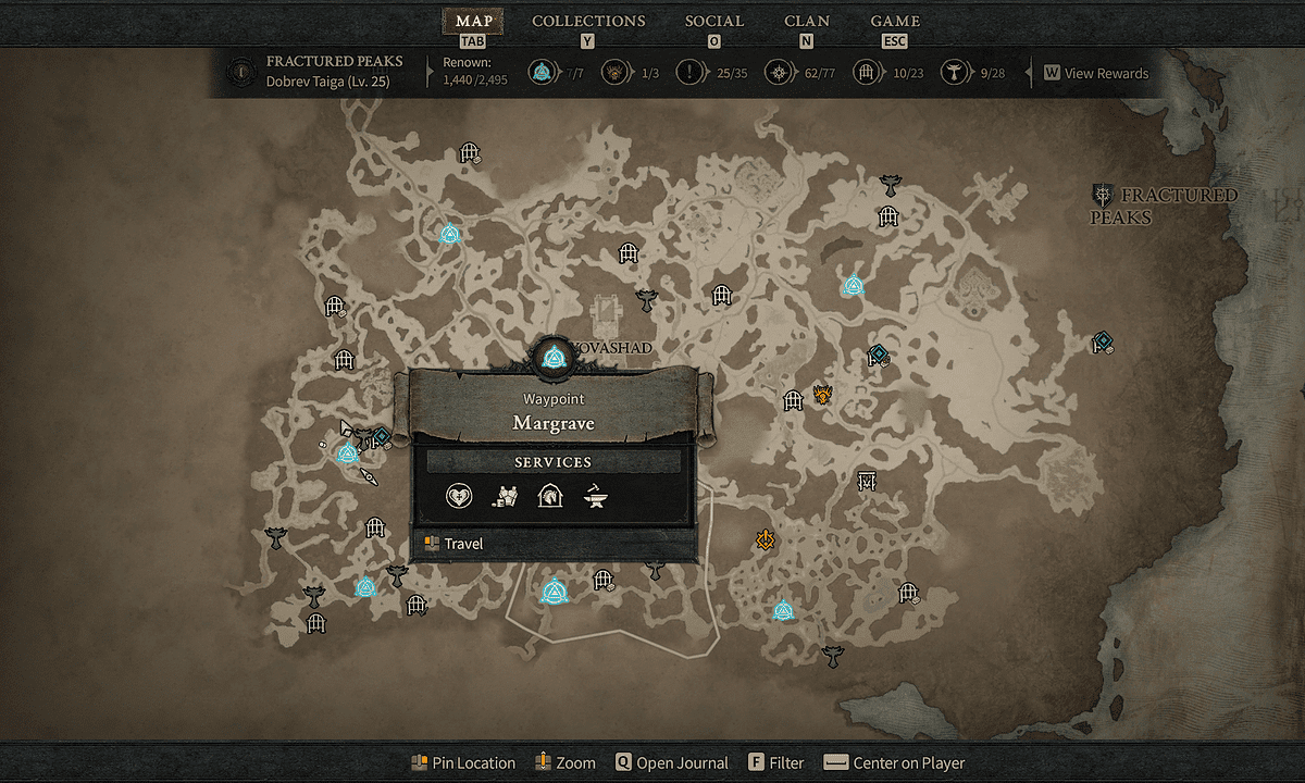 All Fractured Peaks Waypoint locations in Diablo 4: Margrave waypoint on map in Diablo 4.