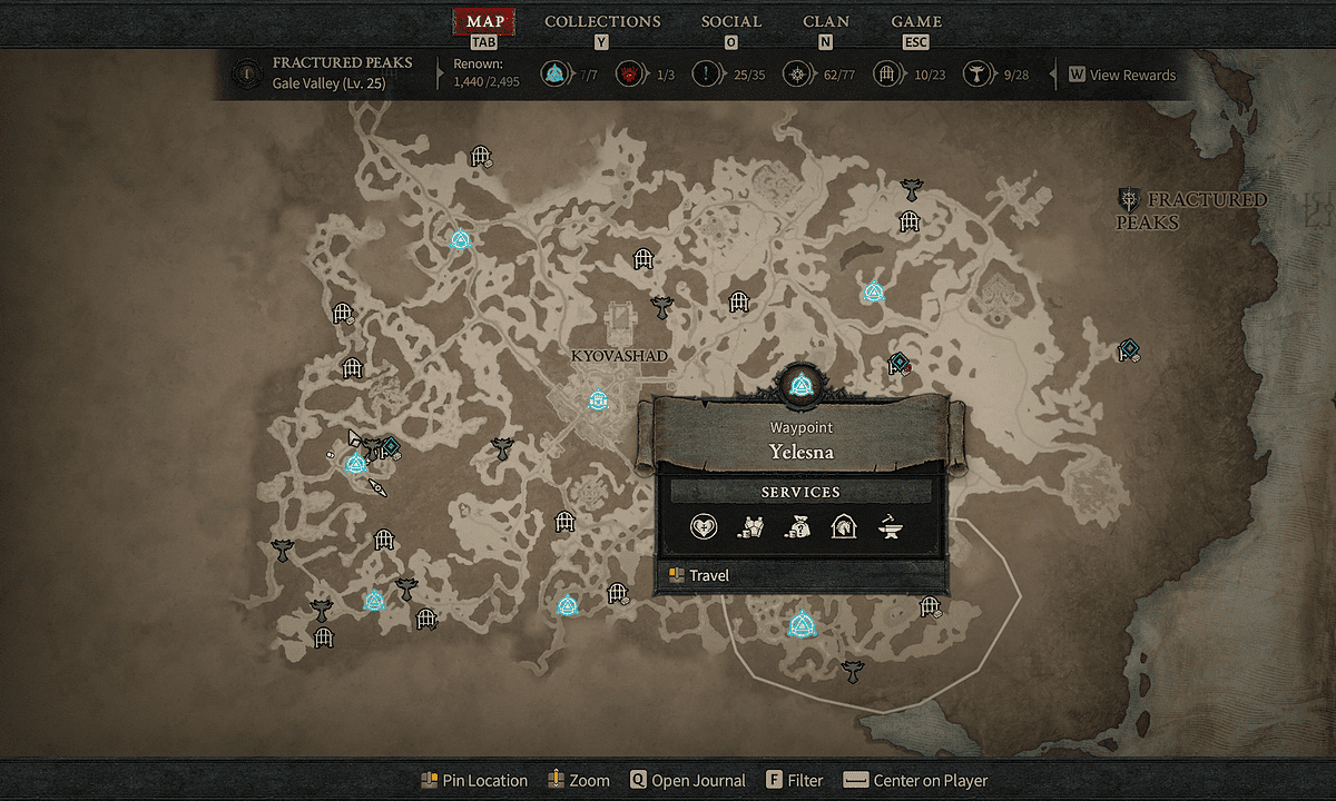 All Fractured Peaks Waypoint locations in Diablo 4: Yelesna Waypoint on map.