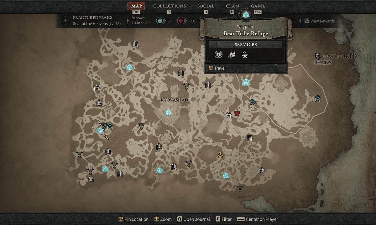All Fractured Peaks Waypoint locations in Diablo 4: Bear Tribe Refuge on map in Diablo 4.