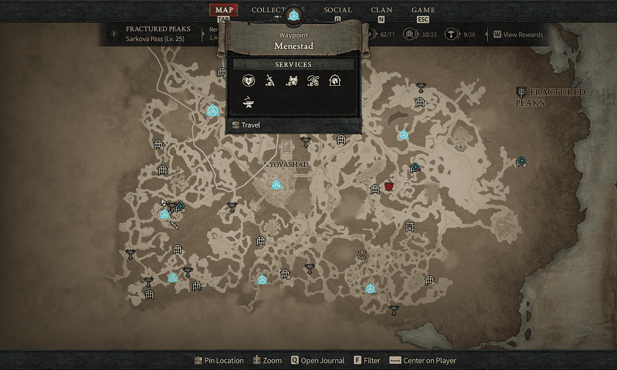 All Fractured Peaks Waypoint locations in Diablo 4: Menestad waypoint on map in Diablo 4.