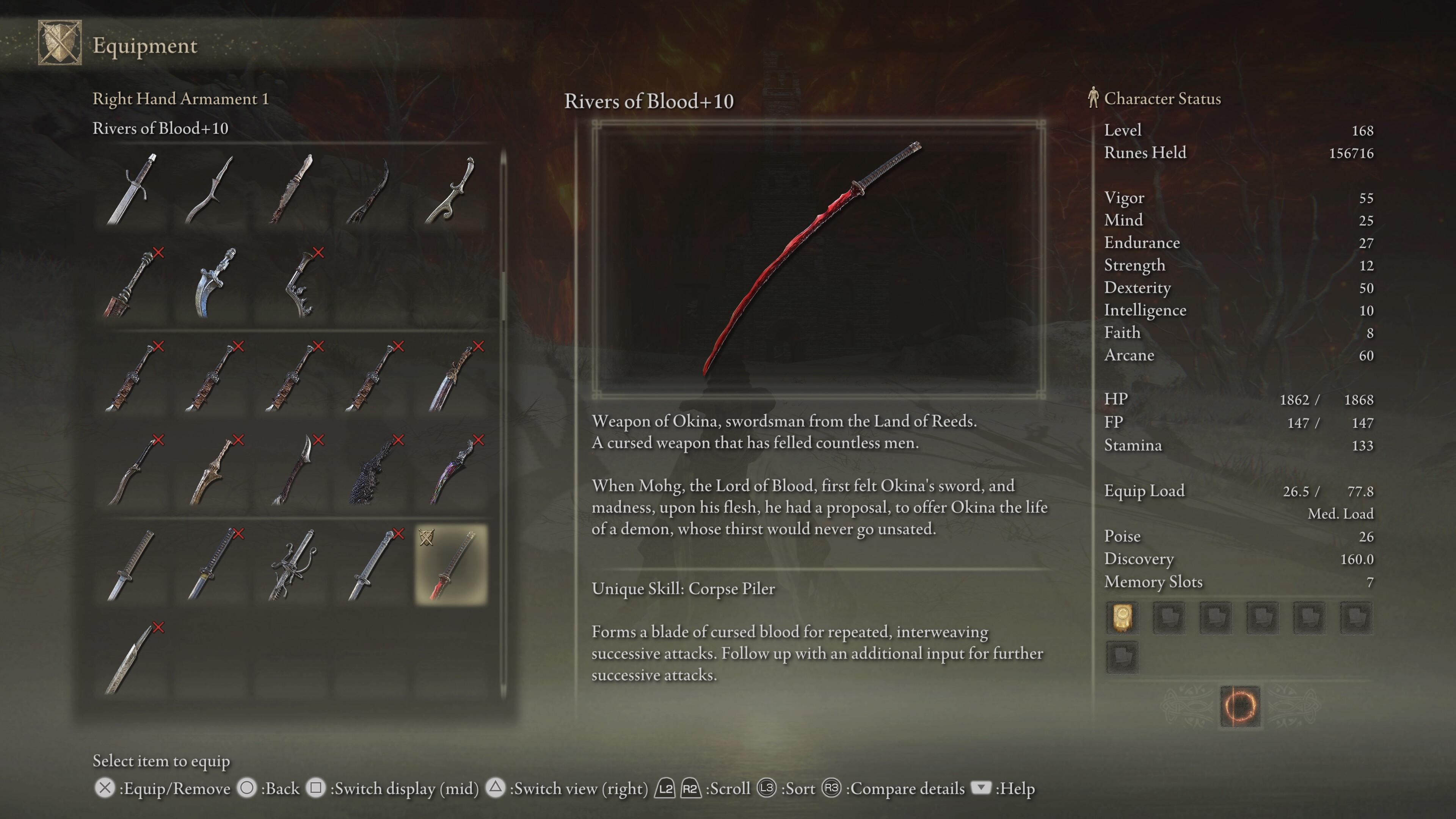 elden ring how to get rivers of blood - a screen in a game showing a katana stats