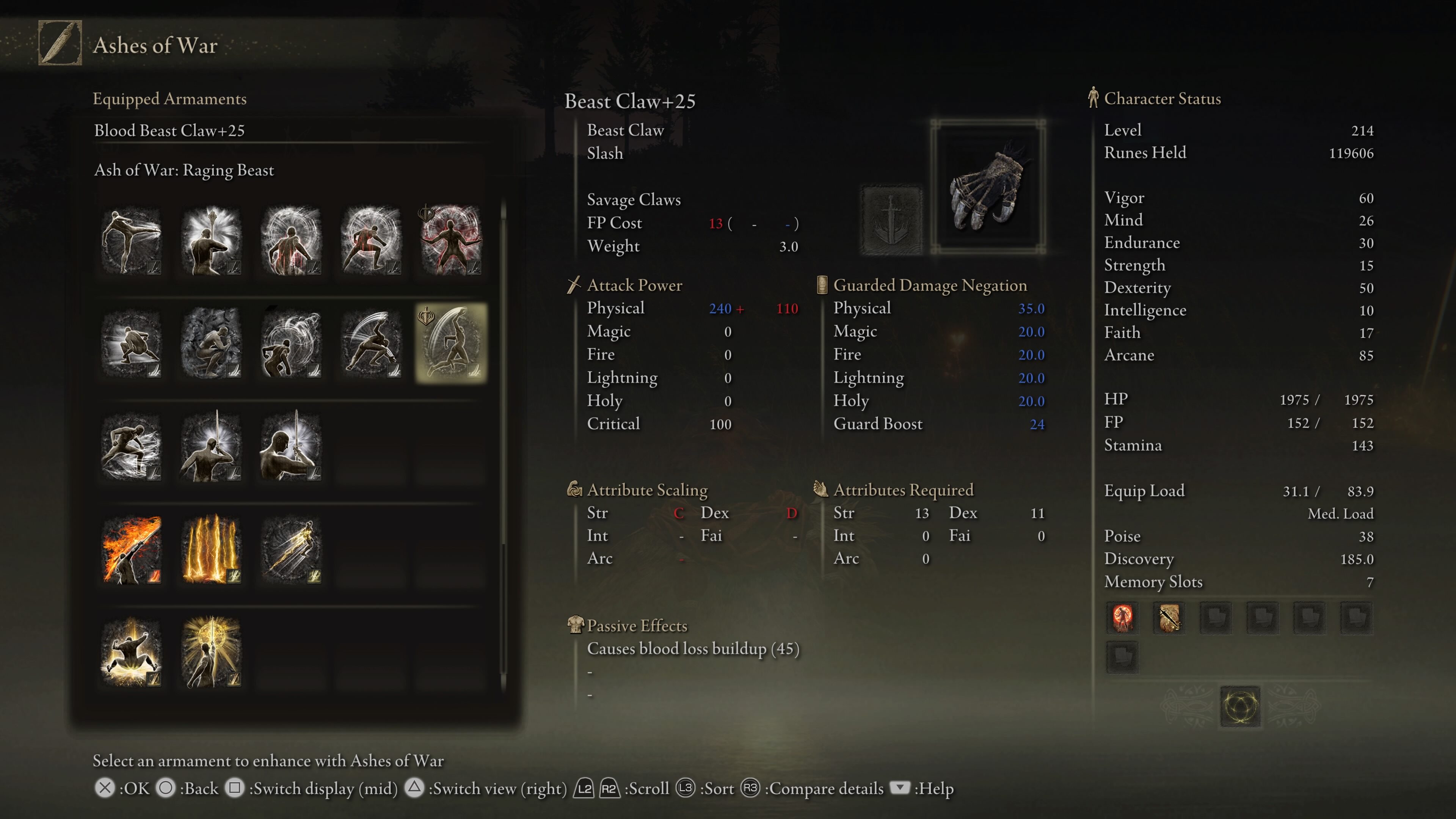 elden ring shadow of the erdtree best beast claw build - the ash of war menu showing savage claws