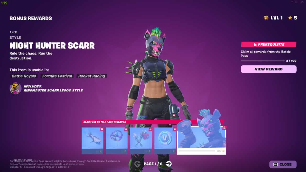 Video game screen showcasing the Night Hunter Scarr character style with a vibrant, colorful design from Fortnite Chapter 5 Season 3. The screen includes options for claimable rewards and additional details about the character and game modes available through the Battle Pass.