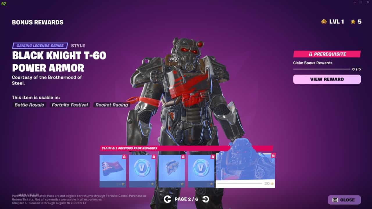 A video game screen displaying a character in Black Knight T-60 Power Armor from the Gaming Legends Series. The screen shows options to claim rewards, and the character is usable in several game modes within Fortnite's Chapter 5 Season 3 Battle Pass.