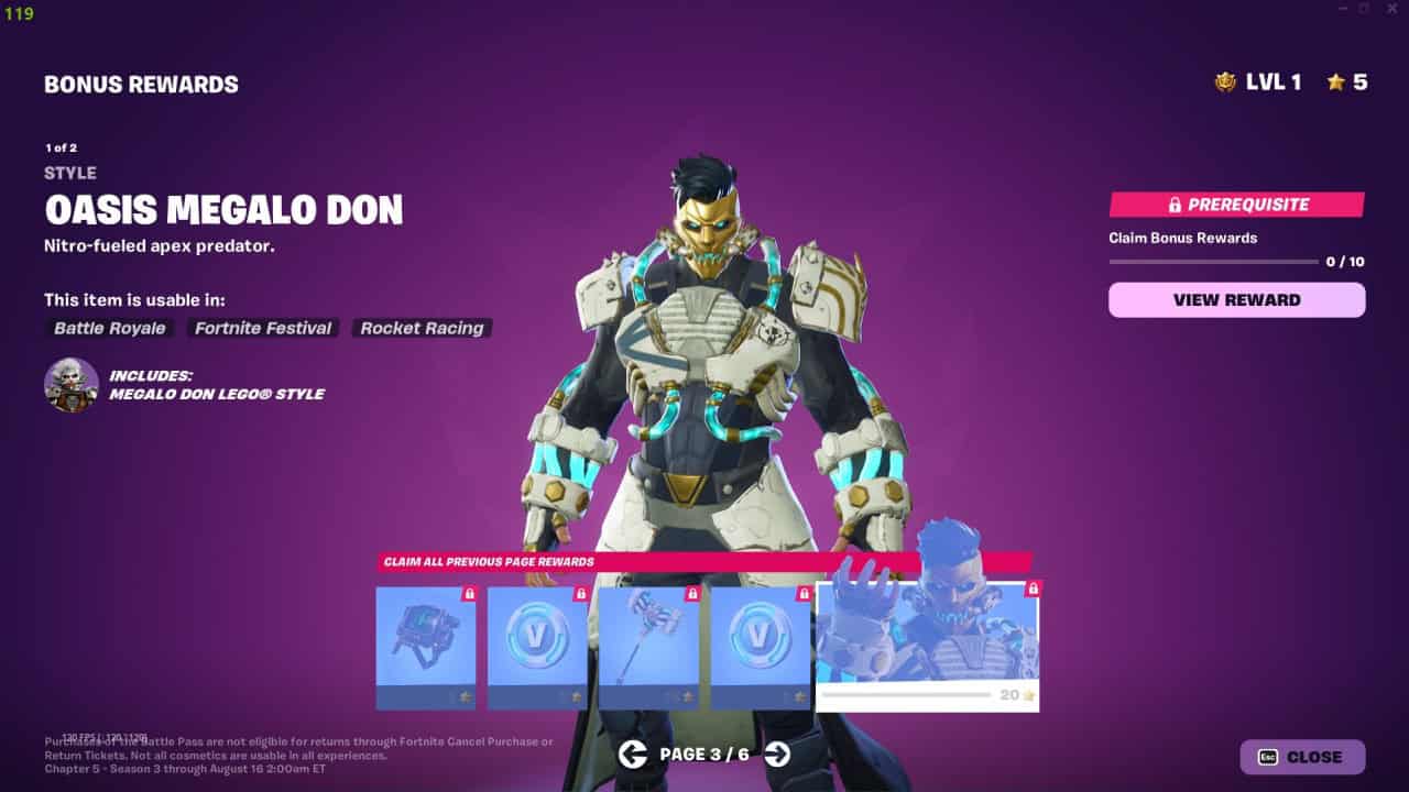 Image of a video game screen showing a character named "Oasis Megalo Don" in armored attire. The screen, reminiscent of Fortnite, lists various rewards and options for claiming bonuses and Battle Pass skins within the game.