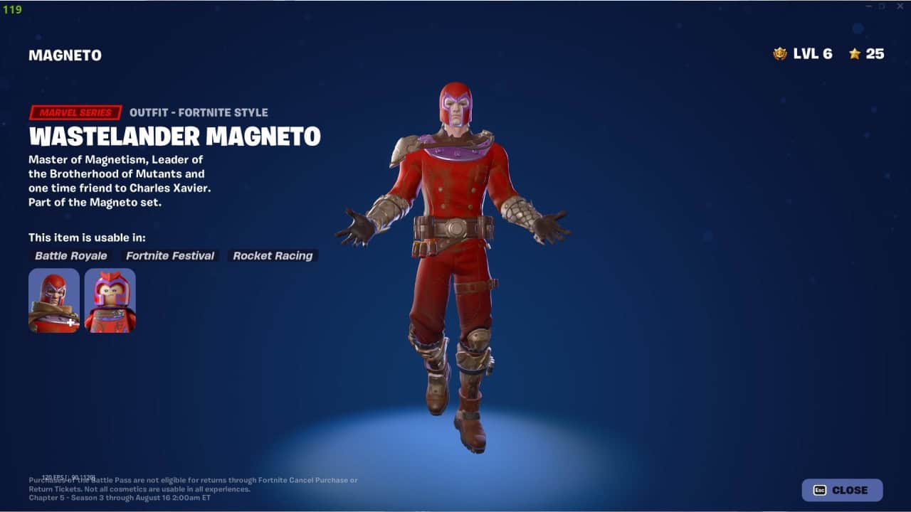 Image of the Fortnite skin "Wastelander Magneto," part of the Marvel Series, shown in a stance with outstretched arms. The skin description and available game modes are displayed on the left, available for those eager to unlock Magneto in Fortnite Chapter 5 Season 3.