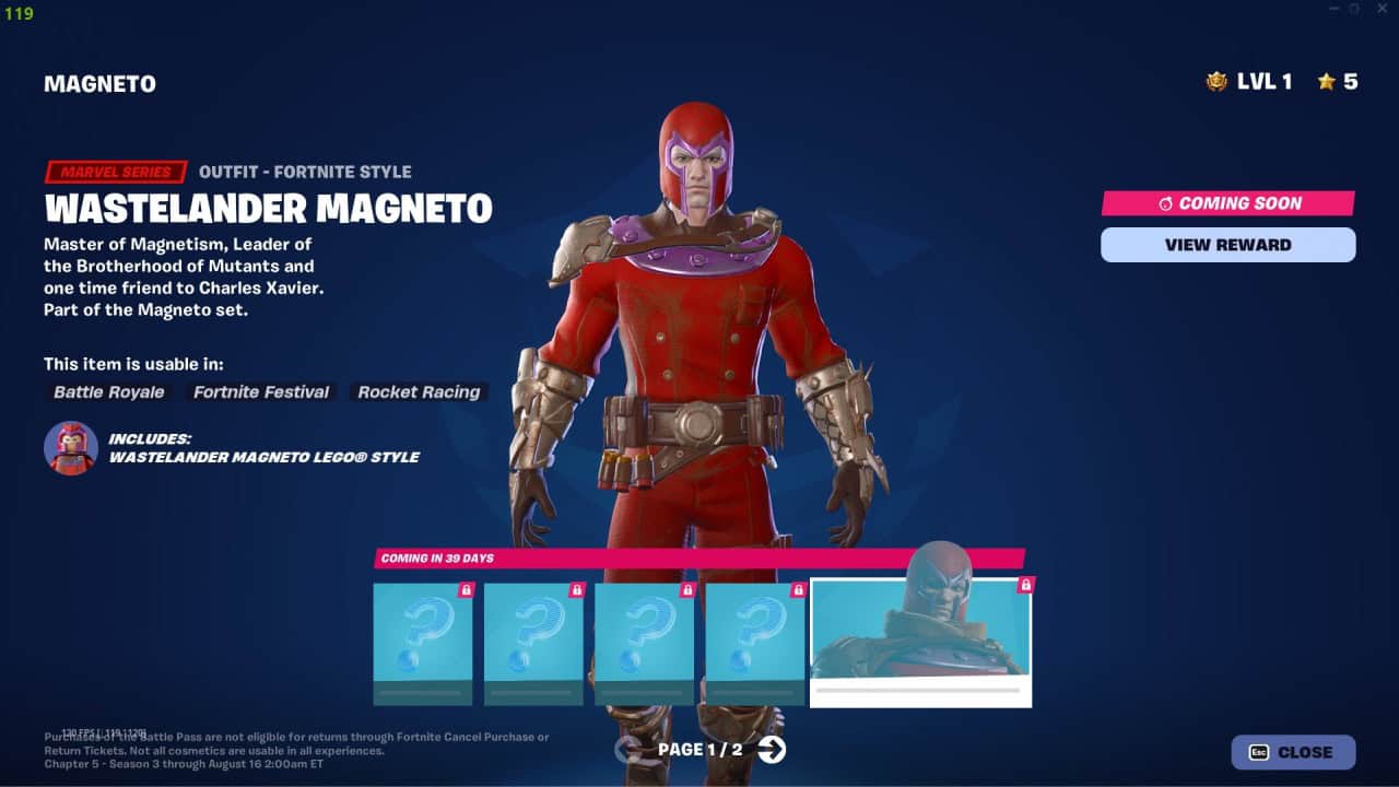 Image of a character named Wastelander Magneto from Fortnite Chapter 5. The character, dressed in red armor with a helmet, is shown in the game's selection screen alongside Battle Pass options for different game modes and rewards.