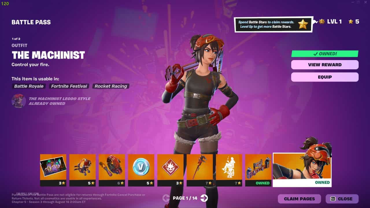 A screenshot of a Fortnite game interface features The Machinist character as part of the Chapter 5 Battle Pass. The character is shown in a tech-inspired outfit, with various in-game rewards displayed below.