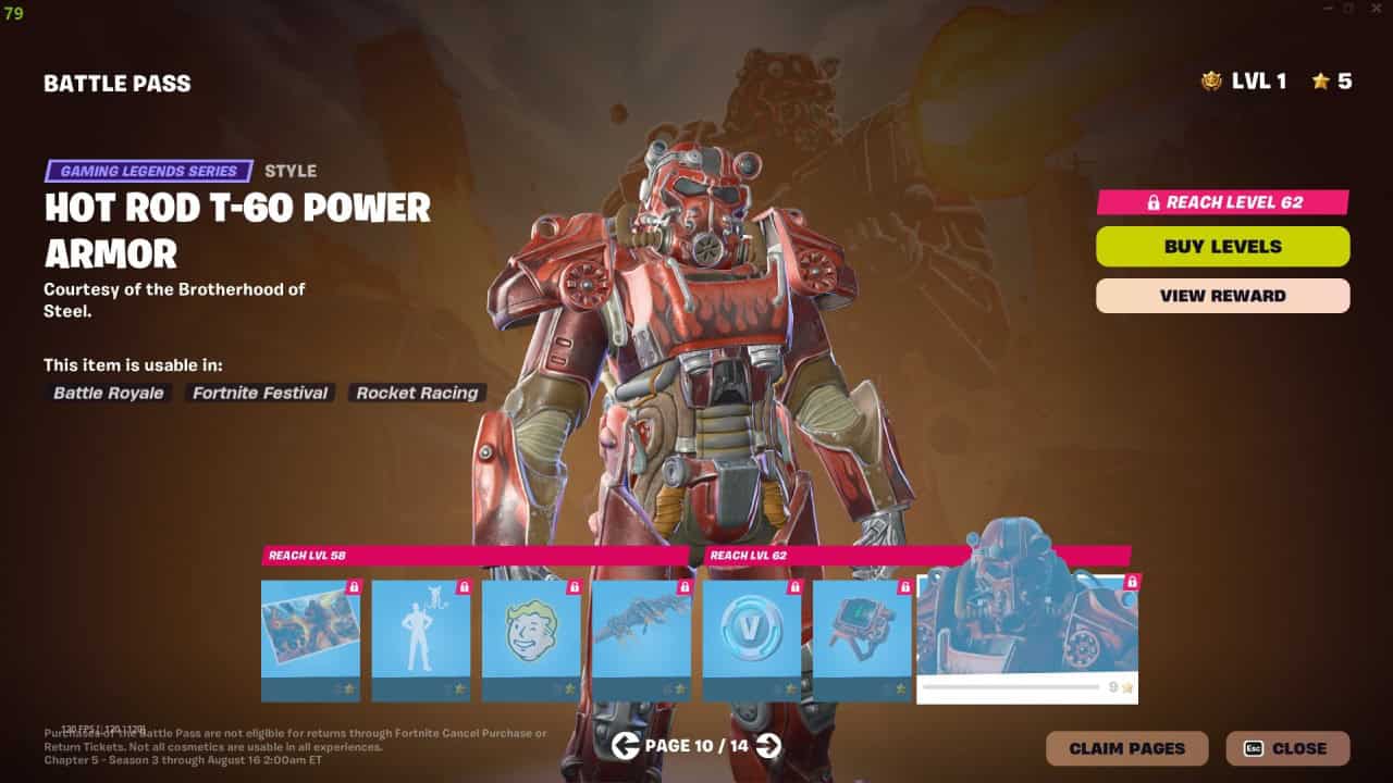 A game screen showcasing Hot Rod T-60 Power Armor from the Brotherhood of Steel in Chapter 5 Season 3. The display features a character in armor and various Battle Pass skins to unlock through progression.