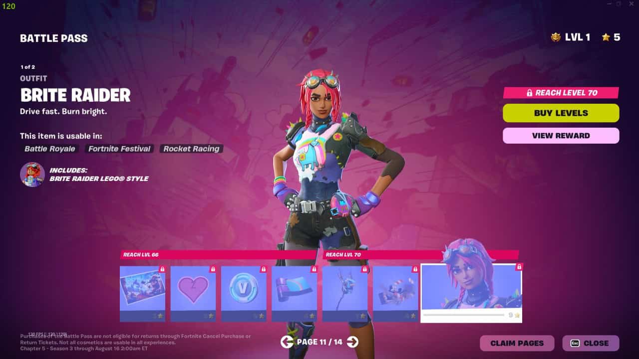 Screenshot of a Fortnite Chapter 5 Season 3 Battle Pass menu showcasing the "Brite Raider" outfit. Options to buy levels or view rewards are present, with a display of various in-game items and a level progress bar, highlighting the latest Battle Pass skins.