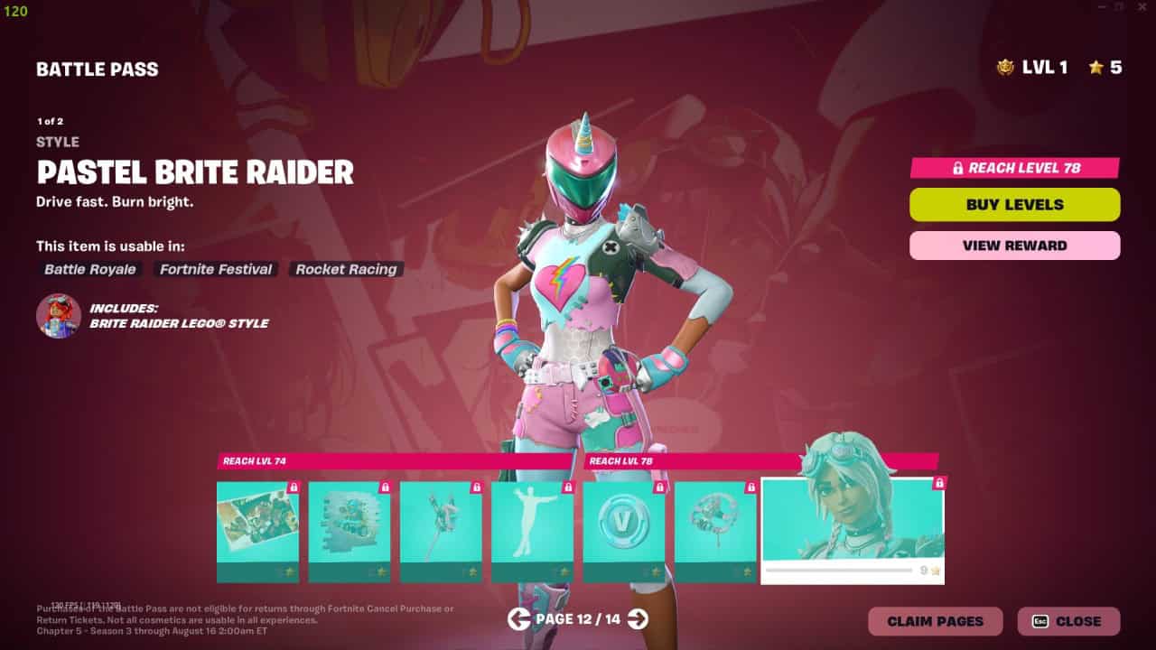 Screenshot of Fortnite's Battle Pass page from Chapter 5, showcasing the "Pastel Brite Raider" character skin. The screen includes options to buy levels, view rewards, and detailed unlock requirements for level 78.