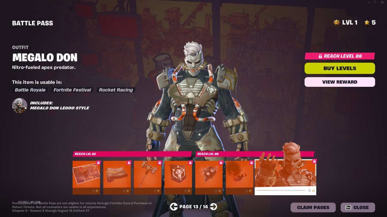 A video game screen showcases the "Megalo Don" character from Fortnite’s Chapter 5 Season 3 Battle Pass. Various in-game items and rewards are displayed at the bottom, including outfits and weapons.