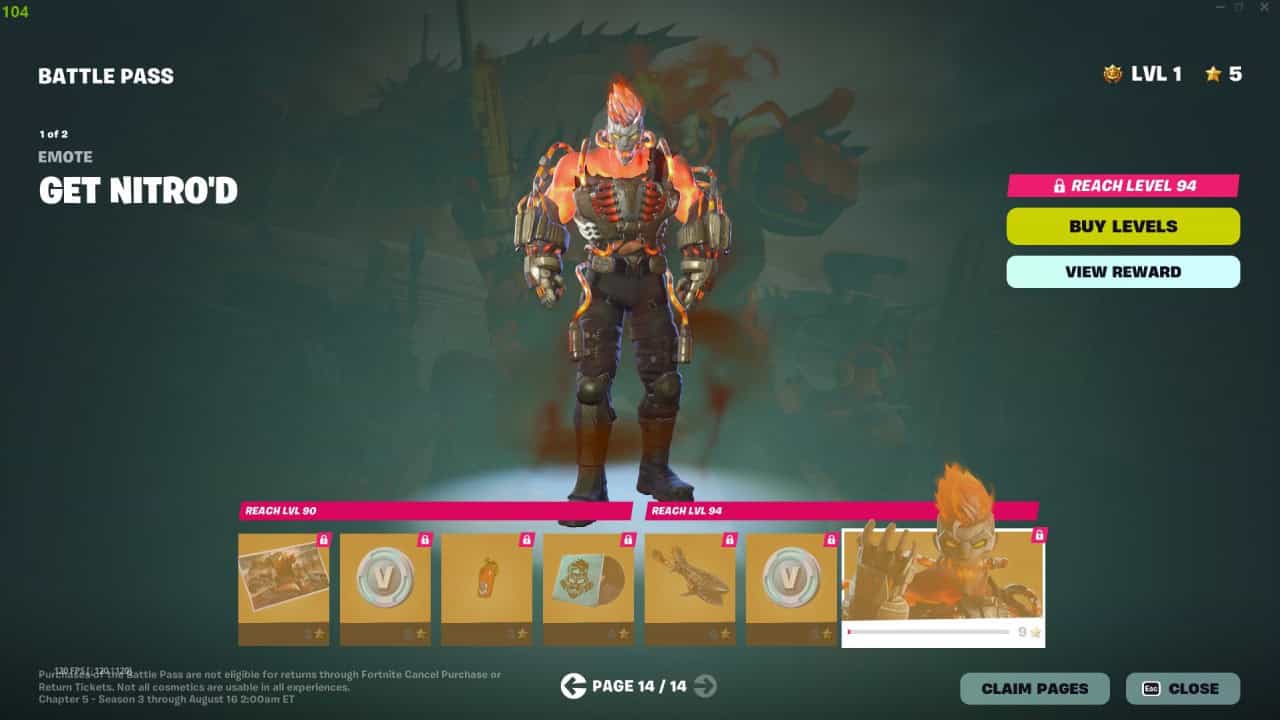 A game screen showcasing a Fortnite character with flaming hair and outfit. "Battle Pass" options for Chapter 5 Season 3 levels 1, 90, and 94 are seen. Controls for claiming rewards and a "Buy Levels" option are present.
