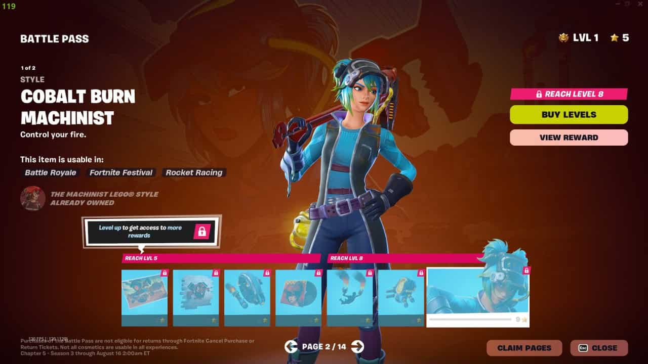 A video game screen shows a character selection for "Cobalt Burn Machinist" within the latest Battle Pass of Fortnite Chapter 5. Options to buy levels and view rewards are available. The current level is 1, on page 2 of 14, showcasing various unlockable items.