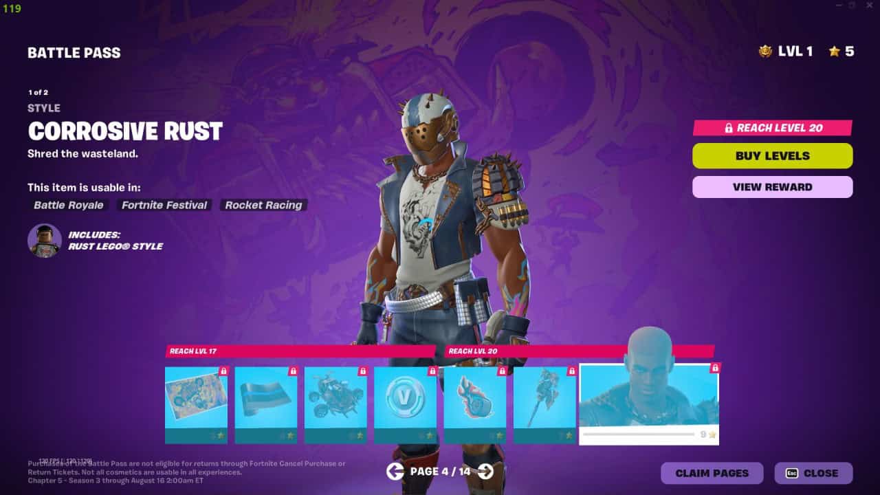 A video game screen shows a character named "Corrosive Rust" in battle gear. The screen offers options to buy levels, view rewards, and check out the exclusive Battle Pass skins available in Fortnite Chapter 5 Season 3.