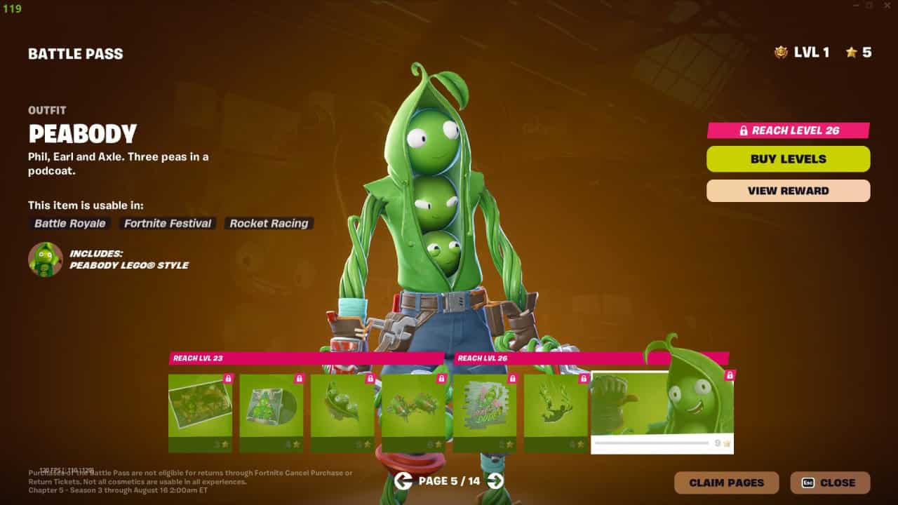 The Battle Pass screen in Chapter 5 of Fortnite showcases the "Peabody" character outfit, featuring three peas, a green hoodie, and jeans. Multiple reward previews at the bottom highlight various levels and items.