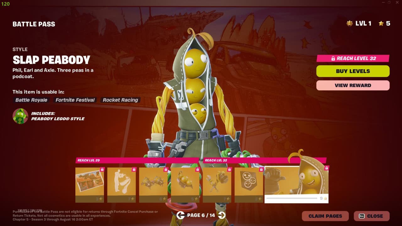 A digital game interface shows a character in a green pea pod costume named "Slap Peabody." Options include leveling up, buying levels, and viewing rewards on page 6 of 14. Join Chapter 5 Season 3 of Fortnite and unlock the exclusive Slap Peabody Battle Pass items.