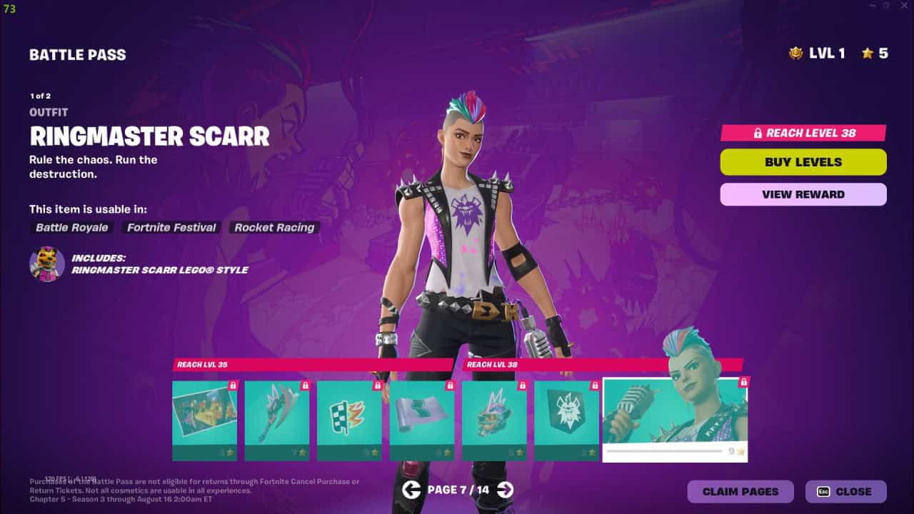 Screenshot of a Fortnite Chapter 5 Battle Pass page for Season 3 showing the Ringmaster Scarr outfit with a colorful mohawk. Includes progress bar, options to buy levels, and preview images of included rewards on the bottom.