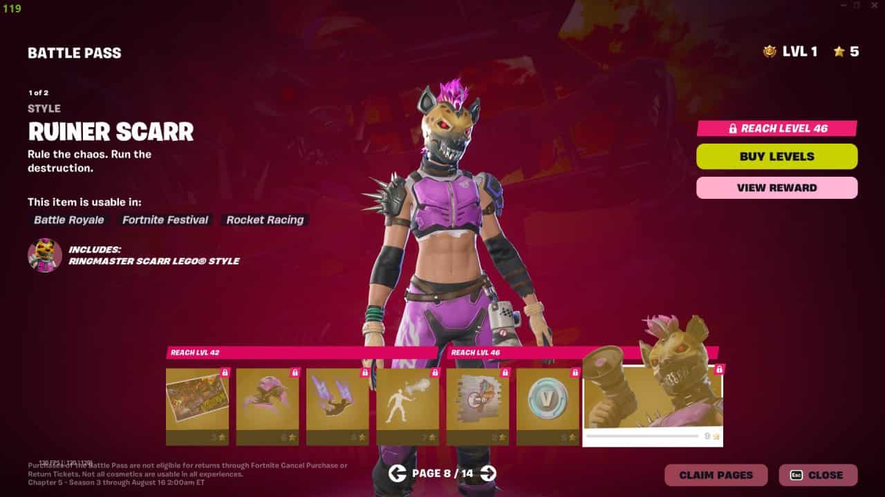A video game screen shows the Ruiner Scarr outfit and its details in Fortnite. Options to purchase the Battle Pass and view rewards appear on the right. The character, part of Chapter 5 Season 3, wears a pink outfit and animal mask.