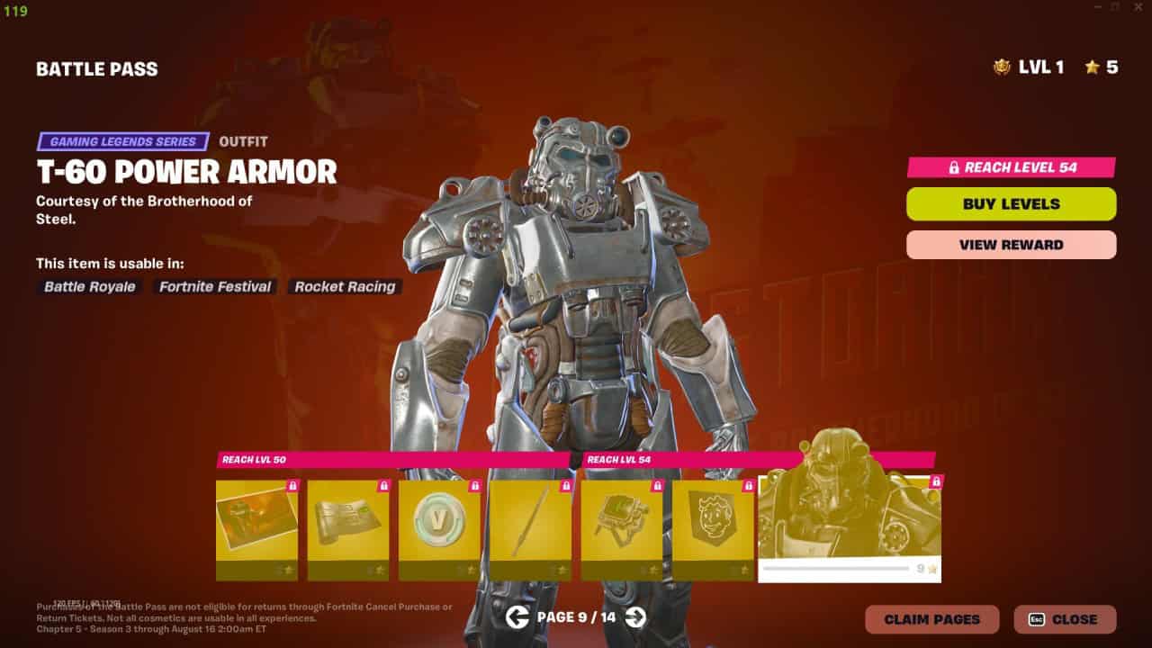 A screenshot of a Season 3 Battle Pass screen in a game showcasing the T-60 Power Armor outfit at level 54. Options to buy levels and view skins and rewards are visible. The background is predominantly red, reminiscent of Fortnite Chapter 5's dynamic design style.