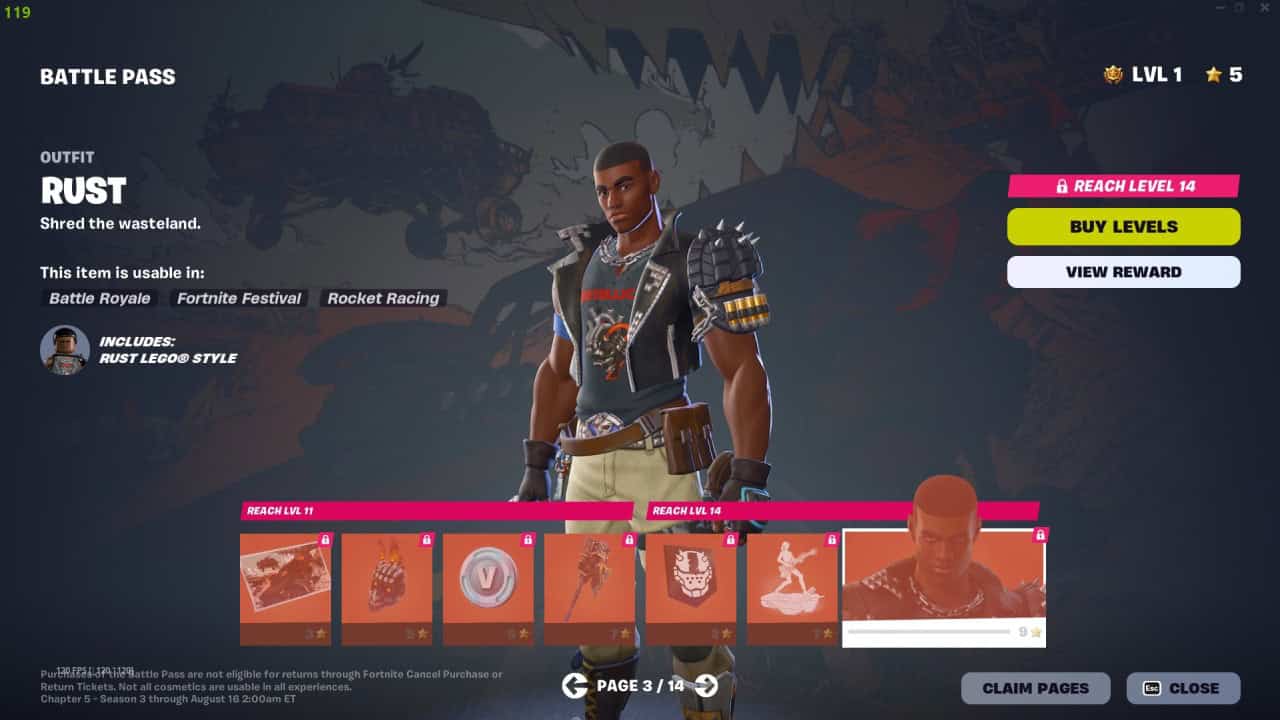 Screenshot of a battle pass screen from Fortnite, Chapter 5 Season 3, showcasing a character named Rust. The screen includes options to buy levels and view rewards, with Rust detailed prominently in the center.