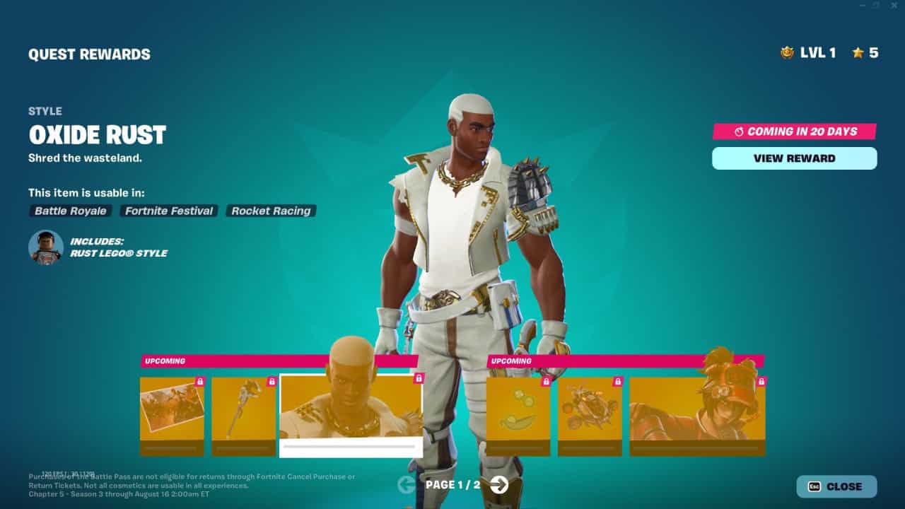 A video game screen showing a character named Oxide Rust. Options for quests and rewards are displayed with a countdown for the next reward. The screen includes categories such as Battle Royale and Rocket Racing, reminiscent of Chapter 5 Season 3 in Fortnite with its engaging Battle Pass options.