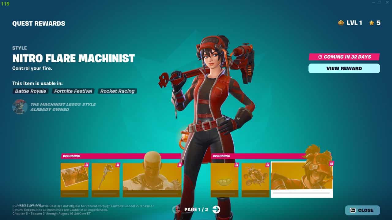 Screenshot of a game interface showing a character named Nitro Flare Machinist in Fortnite. The screen displays upcoming Battle Pass rewards and the character's style, with a "coming in 32 days" timer for the next Chapter 5 reward.