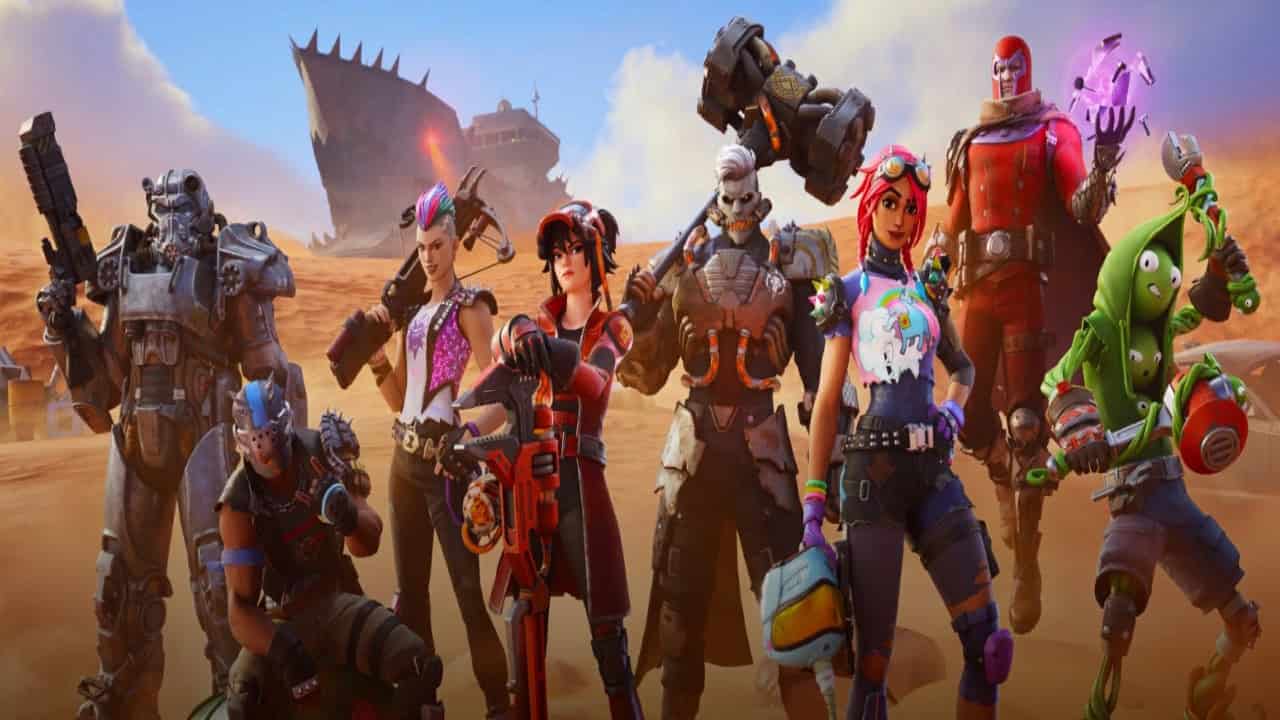 A group of eight diverse characters, each in colorful and detailed outfits, stands in a desert setting with a large shipwreck in the background, perfectly capturing the adventurous spirit of Fortnite's Chapter 5 Season 3 Battle Pass.