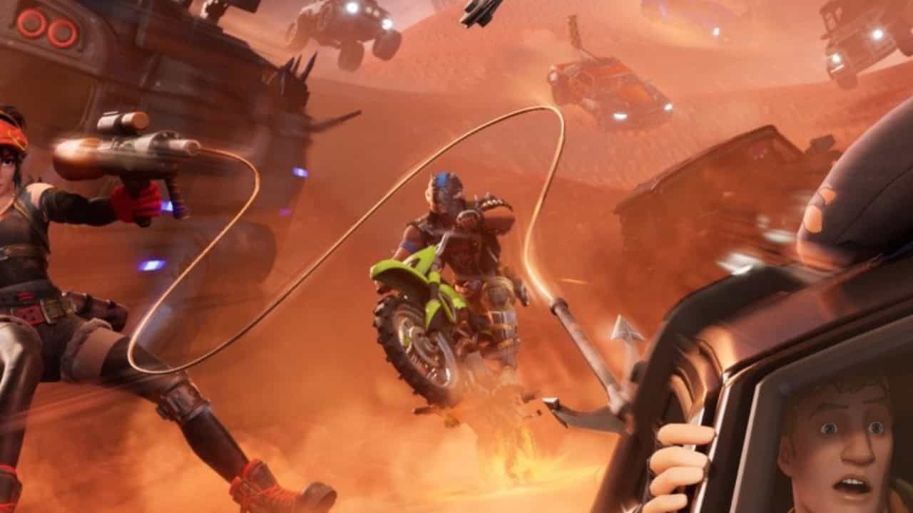In the vibrant key art for Fortnite Season 3, characters in a desert scene engage in an intense vehicle chase, with one rider using a grappling hook on a dirt bike and others firing weapons from various vehicles, all amidst swirling dust of the Fortnite Festival.