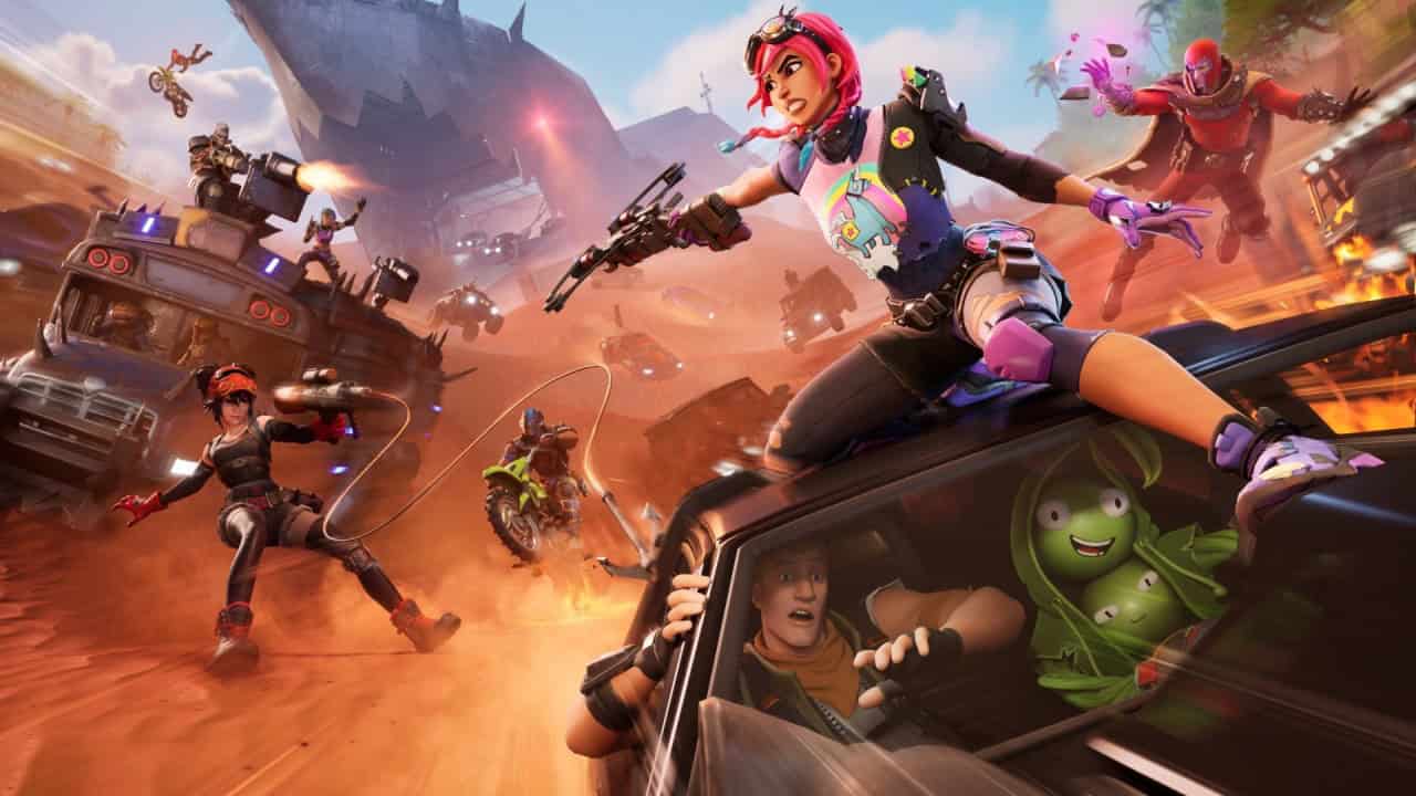Video game scene showing animated characters in an intense battle with various weapons and vehicles in a desert setting. One X-Men hero rides a car, while others are on motorcycles and buses, reminiscent of the high-paced action you’d find in Fortnite Season 3.