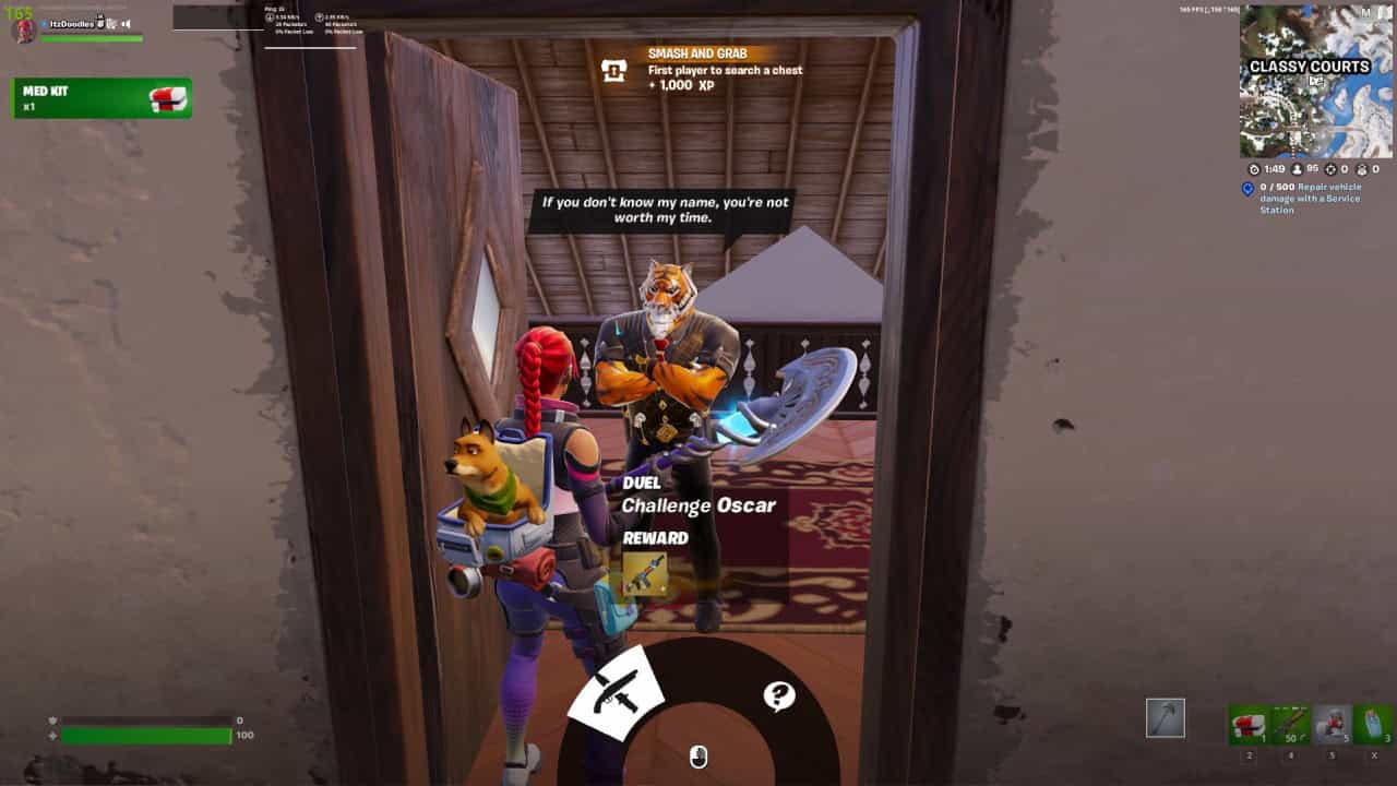 A video game character with red hair carrying a dog accessory approaches another character inside a wooden room. A notification offers a duel with Oscar, hinting this might be an event in Fortnite's Chapter 5 Season 3, and indicates the player's name is required.