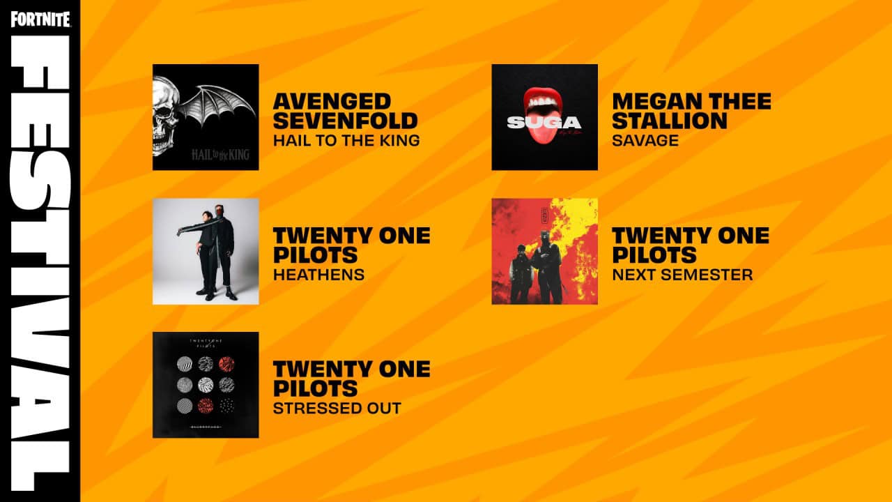 Promotional image for Fortnite Festival listing Avenged Sevenfold, Megan Thee Stallion, and Twenty One Pilots with select Jam Tracks: "Hail to the King," "Savage," "Heathens," "Next Semester," and "Stressed Out.