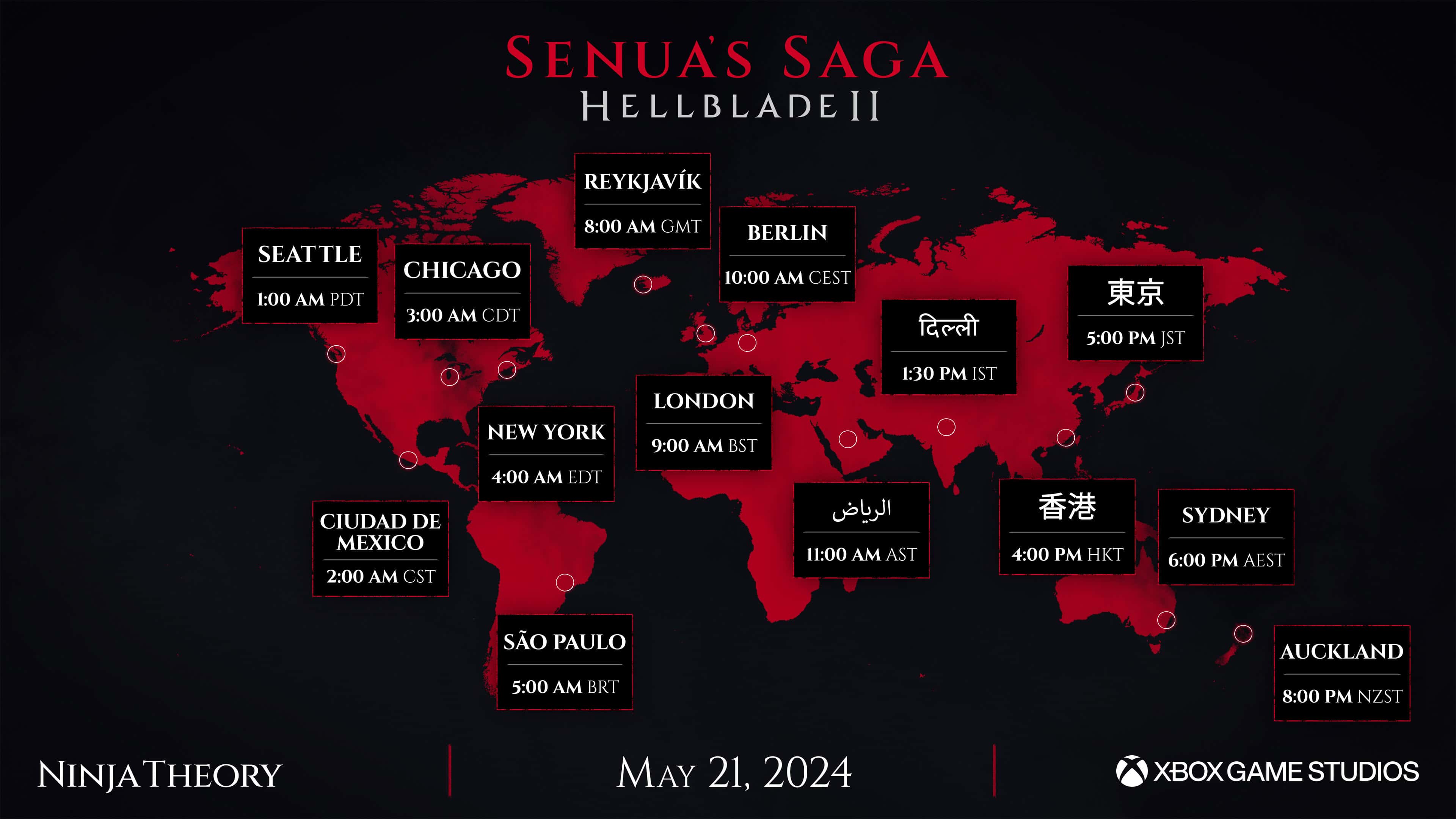 hellblade 2 release time - a map of the world showing different time zones