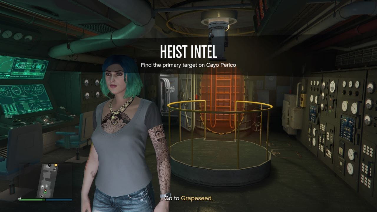 A woman with blue hair is in a room with a computer, researching how to start a heist in GTA 5.