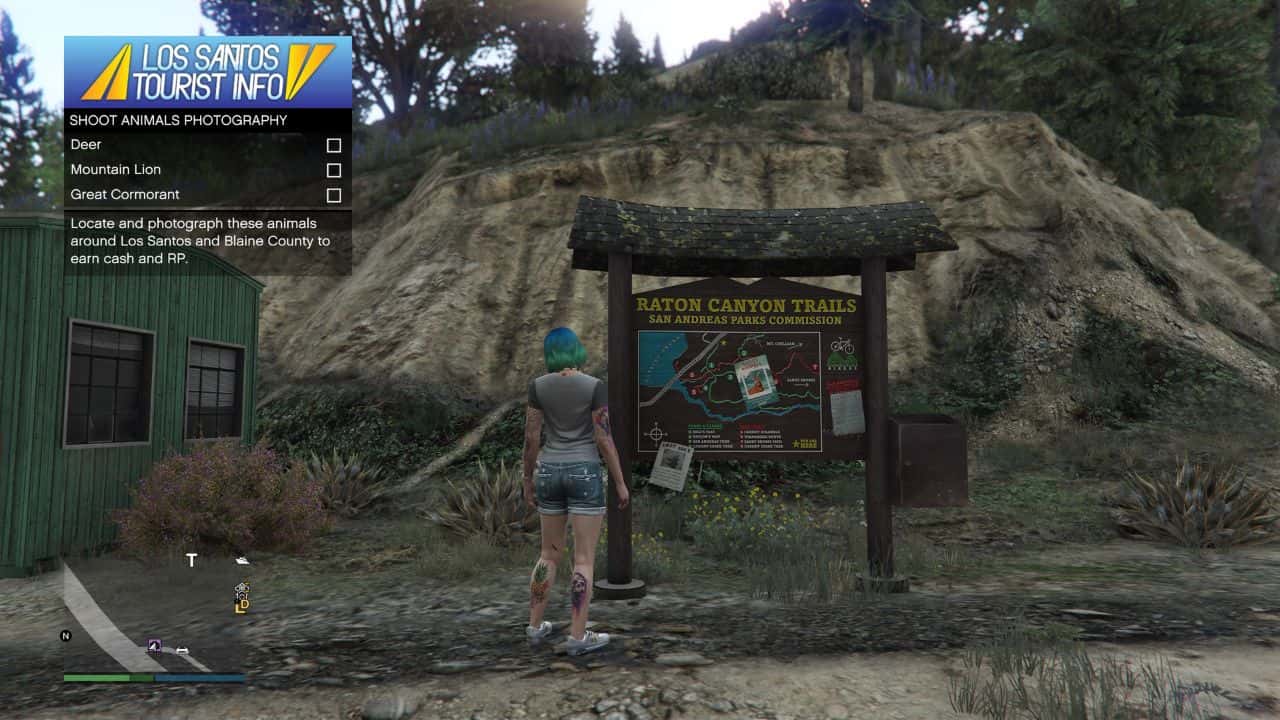 A woman is standing in front of a sign at one of the wildlife photography locations in a video game.
