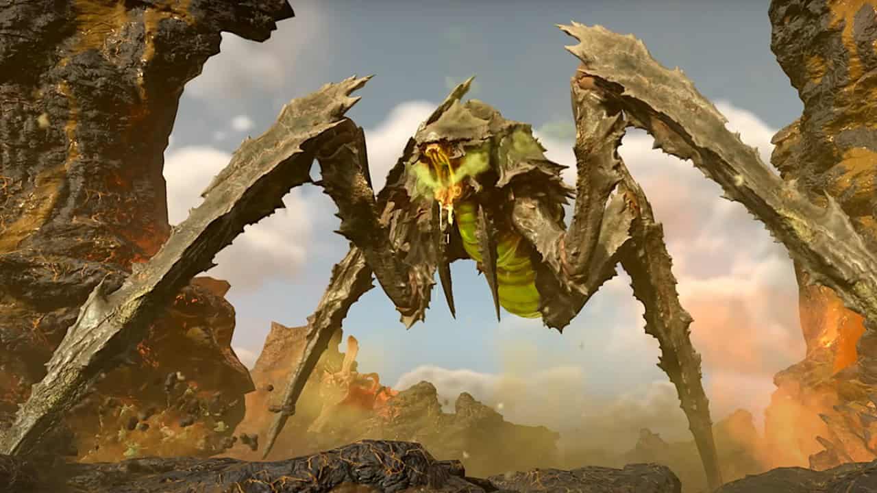 A large, winged creature with a spiked tail and armored body stands menacingly in a rocky landscape under a cloudy sky in Helldivers 2.
