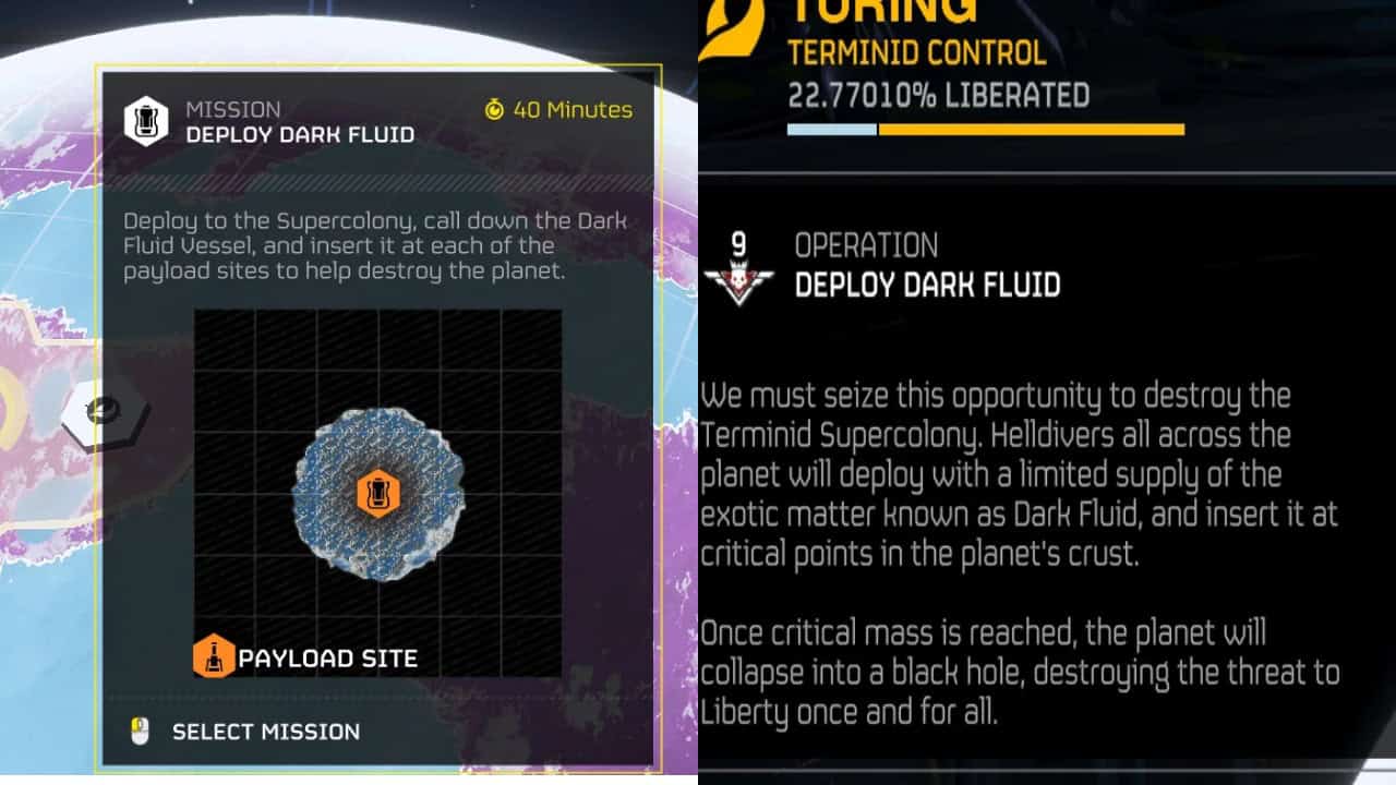 The game interface displays a mission briefing titled "Deploy Dark Fluid." As a Helldivers 2 operative, your objective is to destroy the Terminoid Supercolony using Dark Fluid. The briefing includes a timer and mechanics explanation to ensure precise execution.