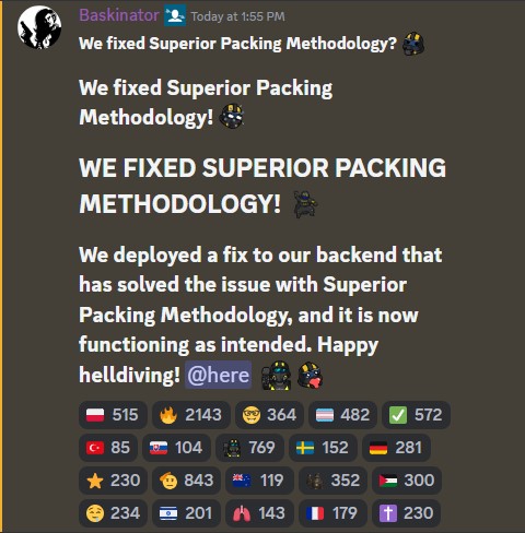 Helldivers 2 Discord Superior Packing Methedology Fixed Announcement